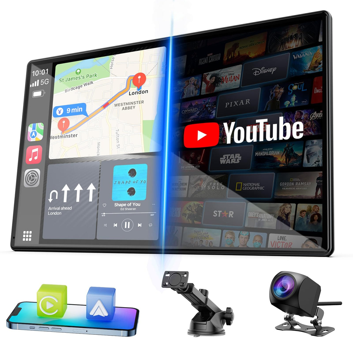 LAMTTO 9-inch wireless CarPlay screen mounted in dashboard front view for a sleek upgrade