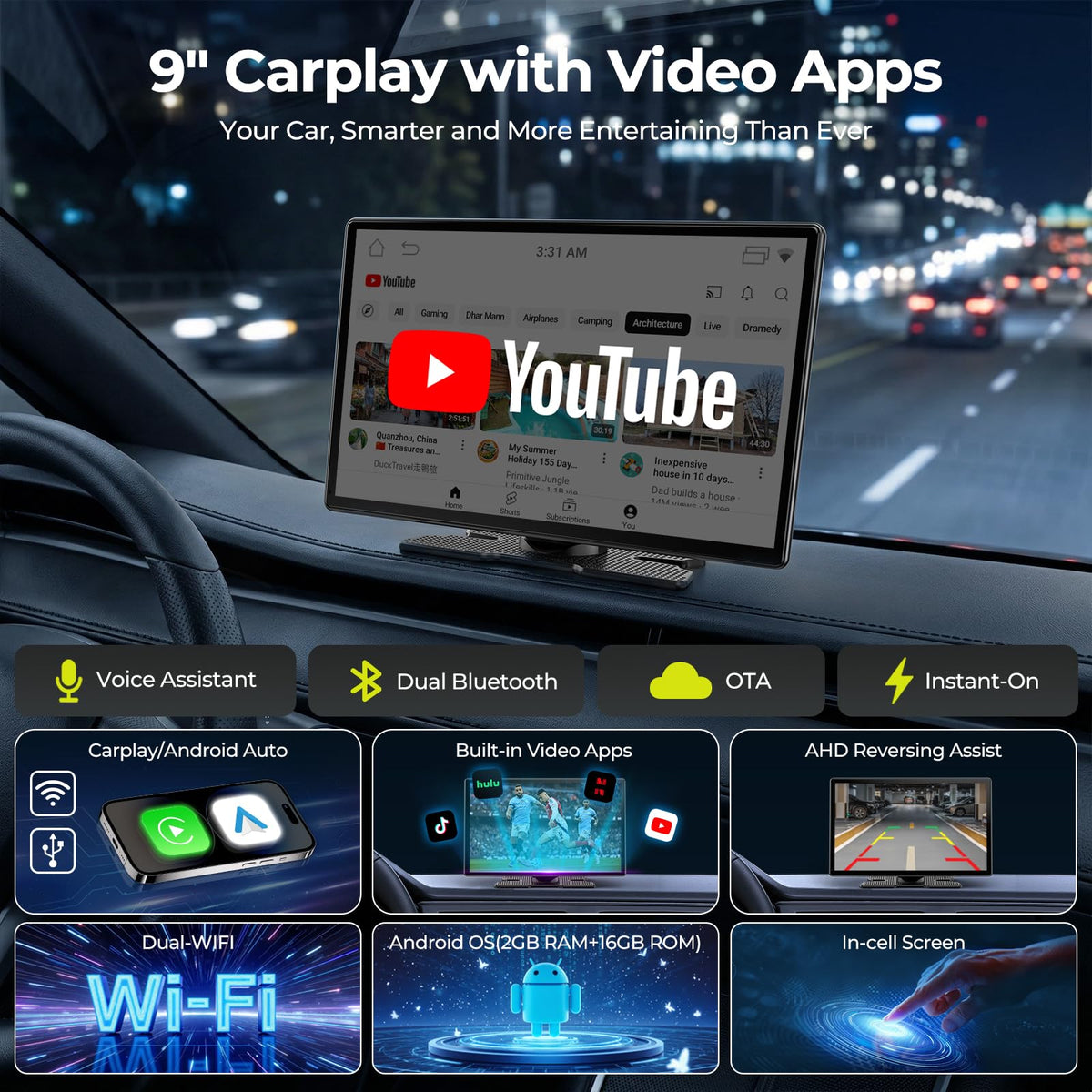 LAMTTO Netflix and YouTube interface displayed on car screen for in-car entertainment