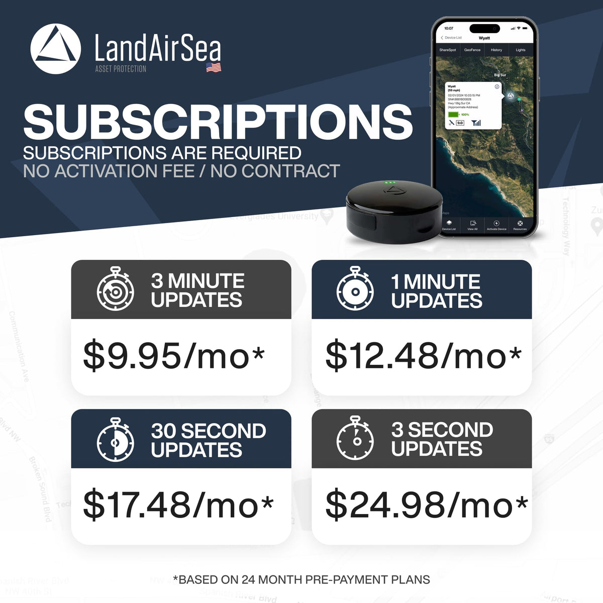  LandAirSea 54 Premium Edition real-time tracking on map via Google Maps.
