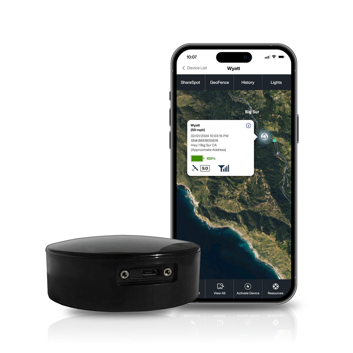 LandAirSea Overdrive front view showing compact design and ports, durable tracking