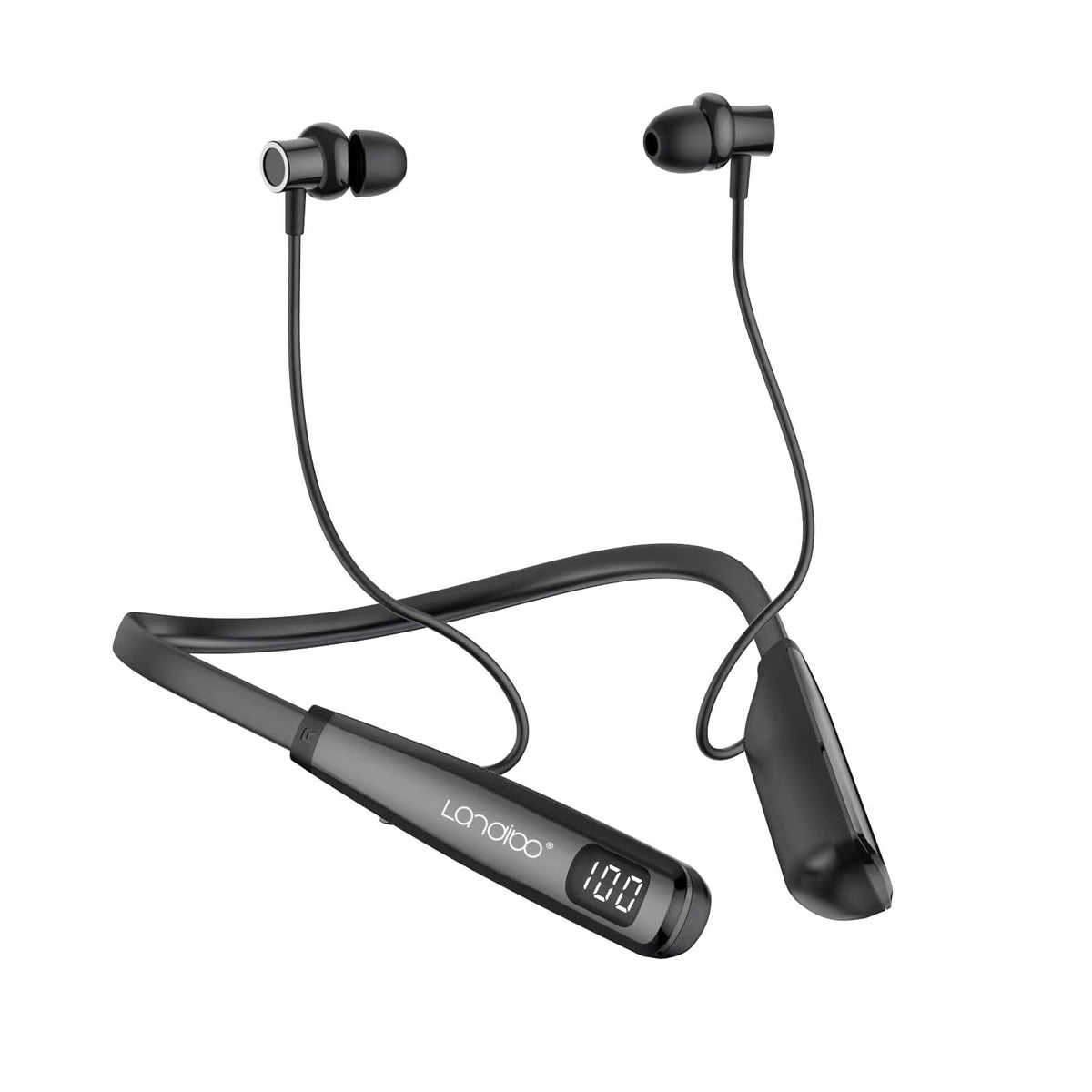 LANDIBO Y10 earphones front view, compact wireless design ideal for workouts.