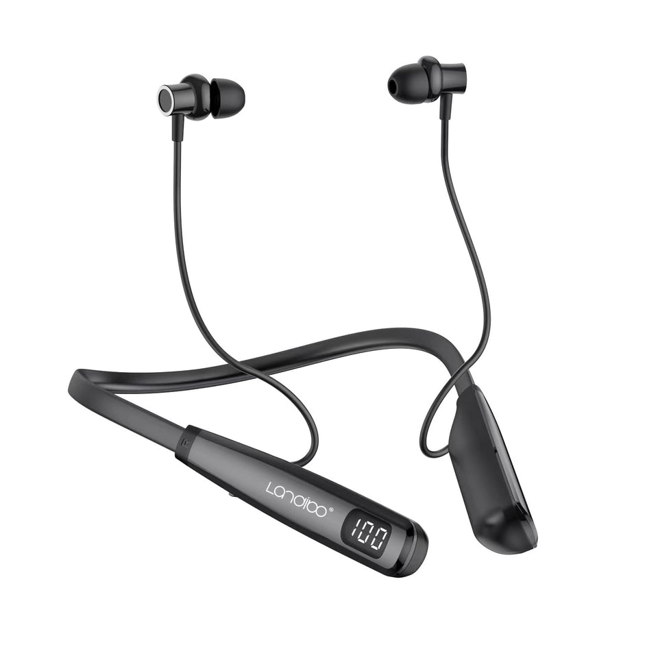 LANDIBO Y10 earphones front view, compact wireless design ideal for workouts.