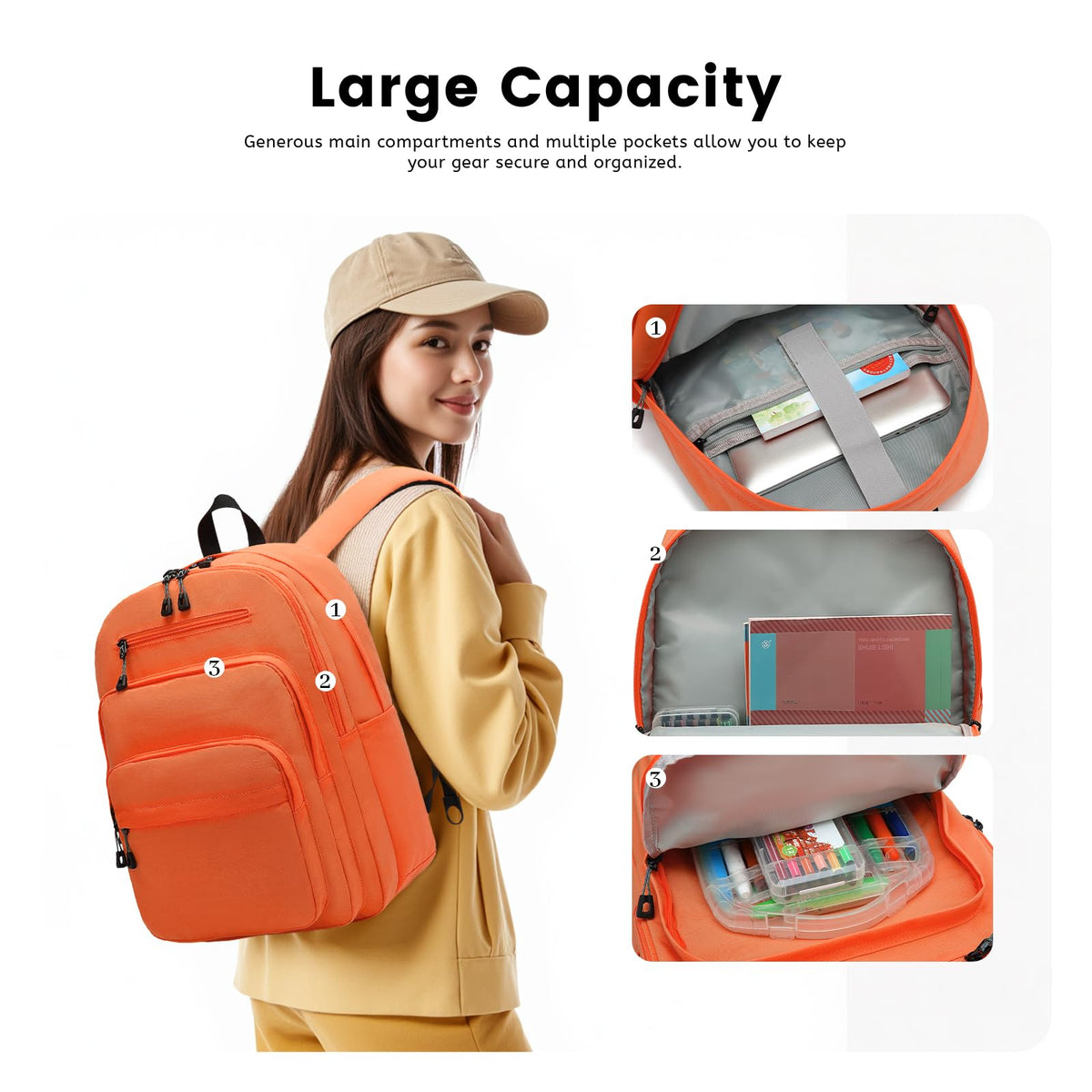 Lanola orange backpack front pockets for small items