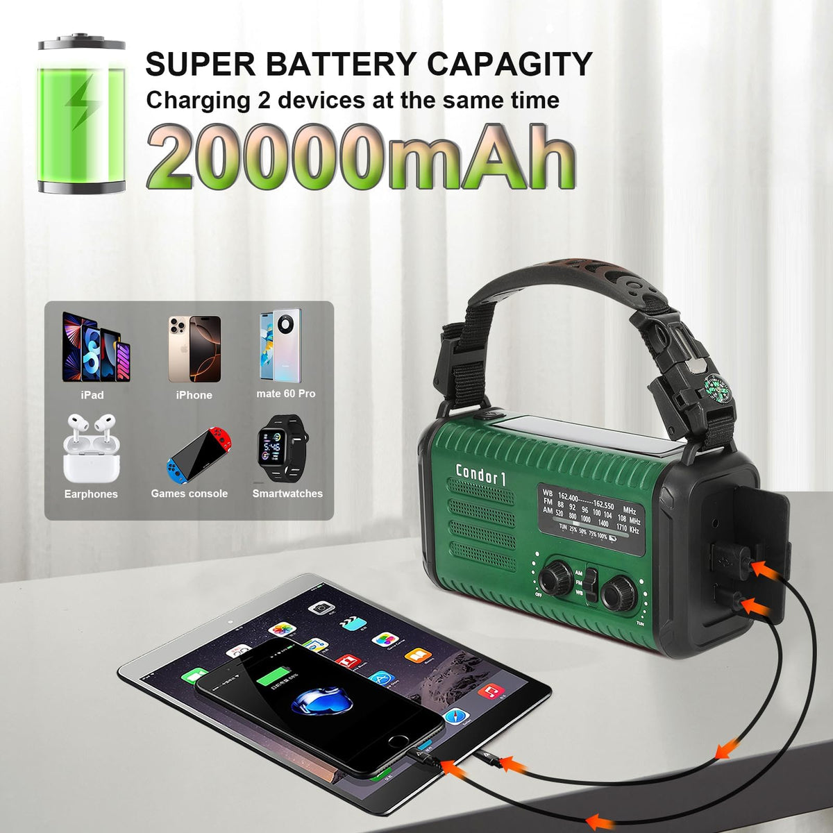 Lanshanchu Condor-1 emergency radio side view highlights compact carry and multi-function utilities