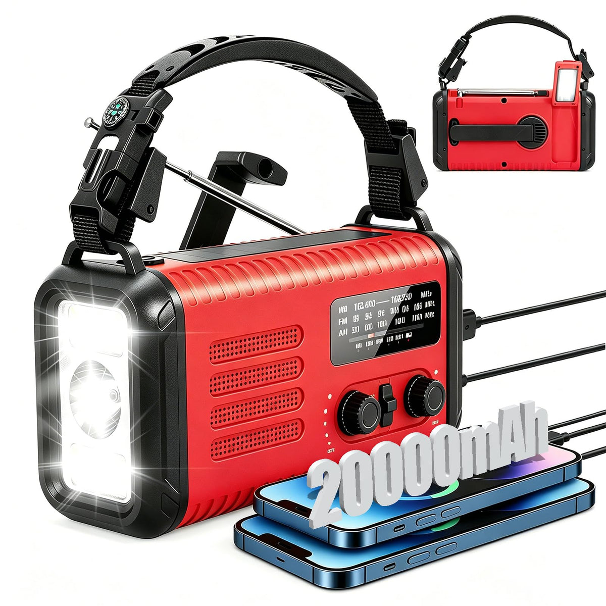 Lanshanchu emergency radio front view showing large 20000mAh battery.