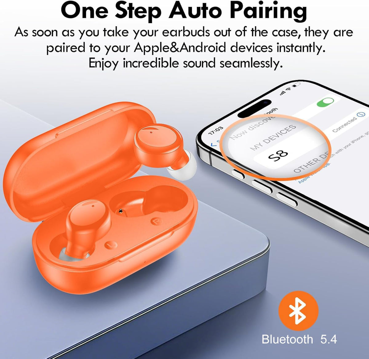Lanteso orange earbuds show clear-call feature for hands-free chats.
