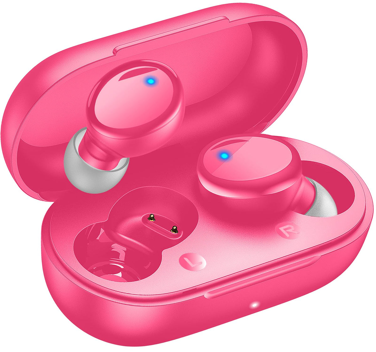 Lanteso hot pink earbuds front view for stylish daily listening.