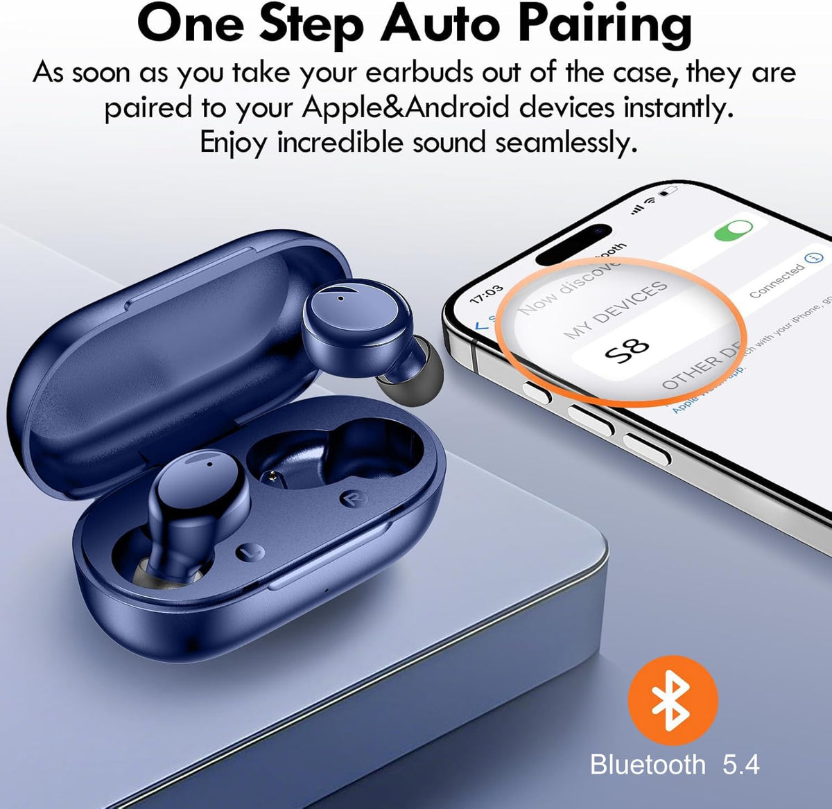 Close-up of blue Lanteso earbuds highlighting ergonomic design
