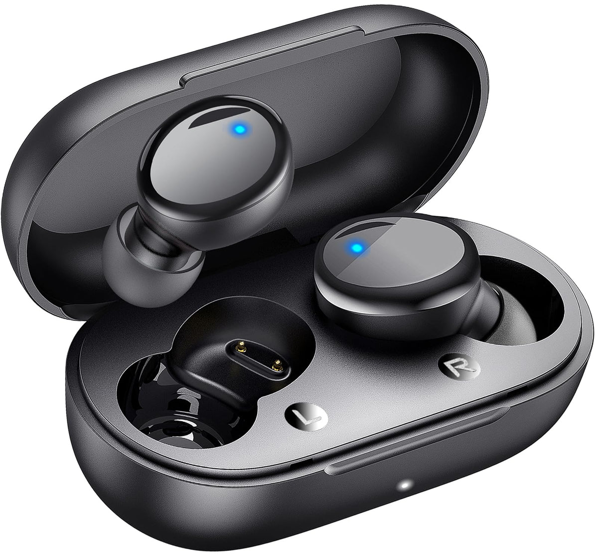 Lanteso Wireless Earbuds in glossy black case for on-the-go charging.