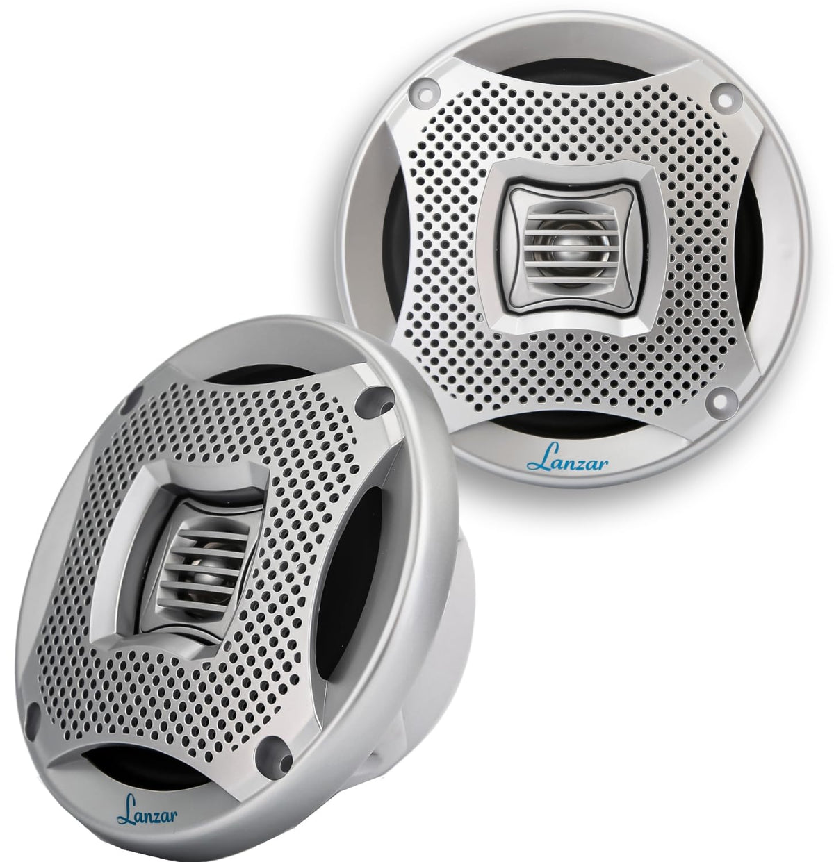 Pyle Lanzar front view of silver speakers showing durable outdoor styling and protection