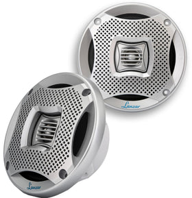 Pyle Lanzar front view of silver speakers showing durable outdoor styling and protection