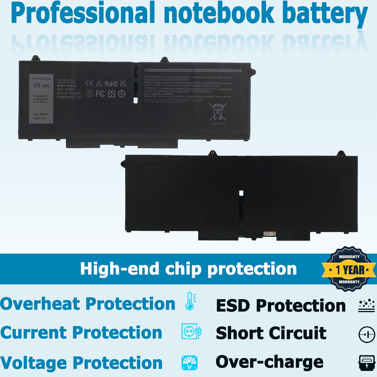 LAQUEENA installed 07KRV battery inside Dell laptop restoring dependable power