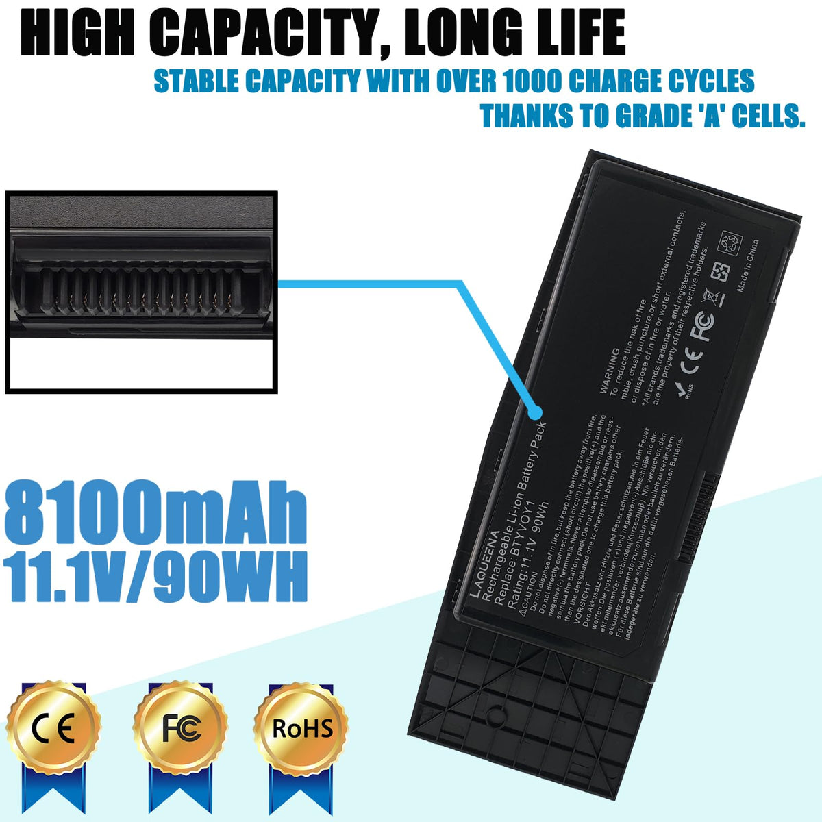 LAQUEENA 9-cell 8100mAh battery offering longer run time for portable use