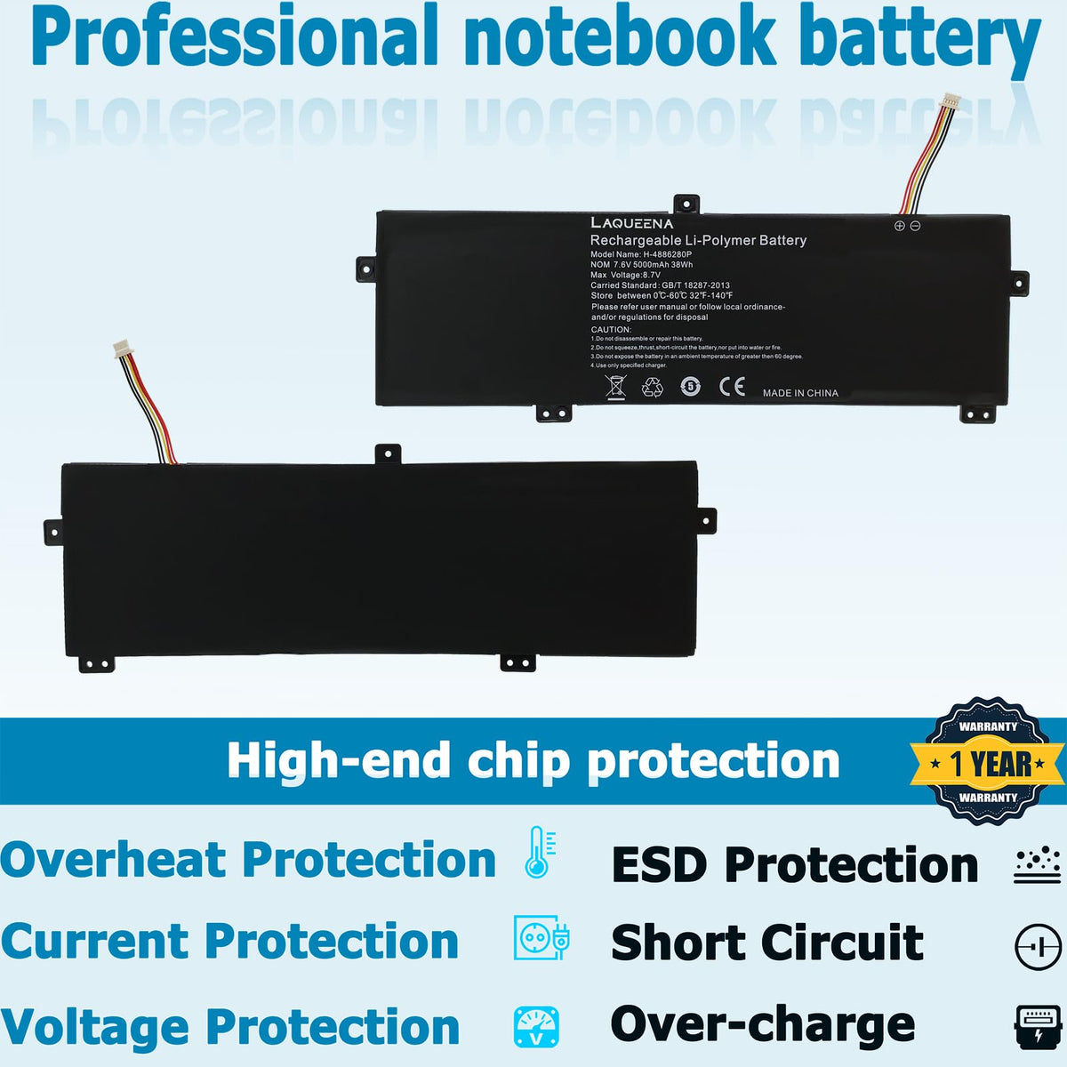 LAQUEENA battery thickness scale comparison showing compact profile for easy installation