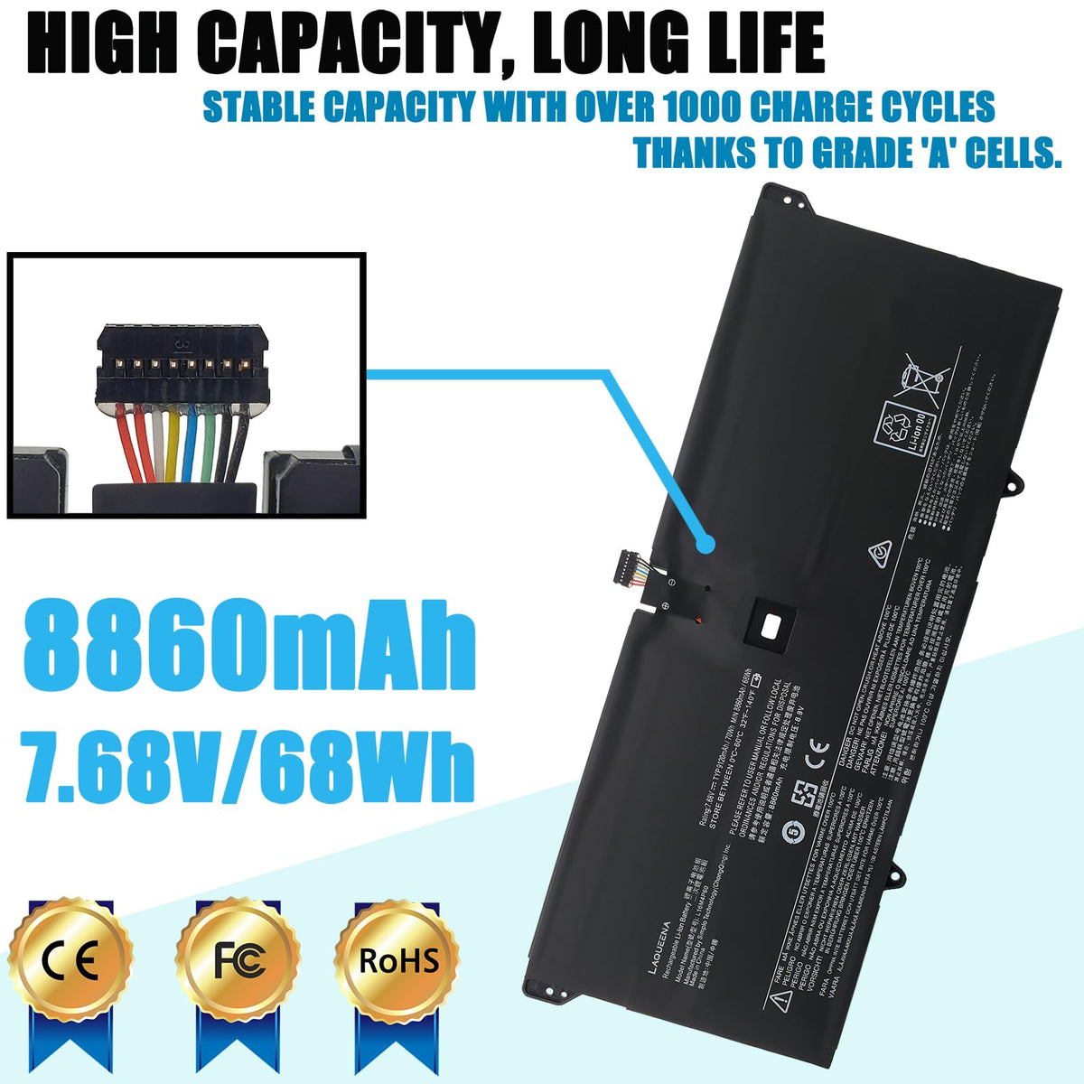 LAQUEENA battery top label closeup confirming part numbers and compatibility