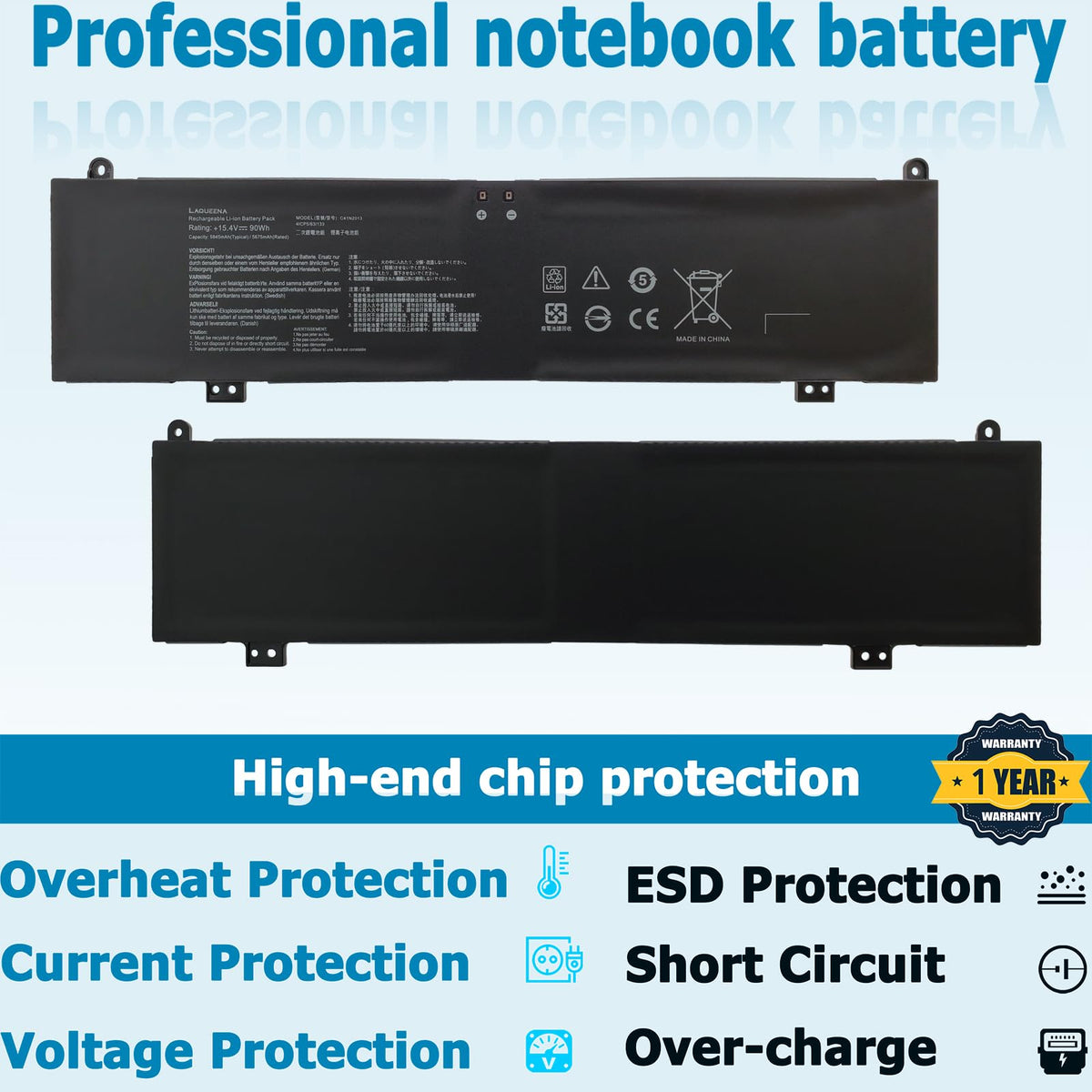 LAQUEENA C41N2013 battery label displaying part numbers and safety notes.