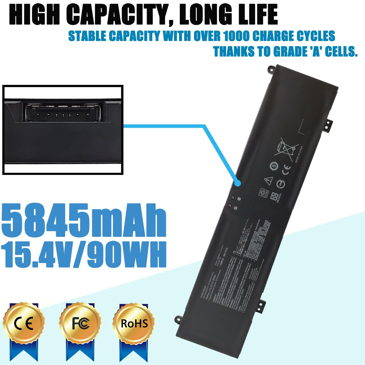 LAQUEENA C41N2013 battery side view showing slim profile and 90Wh capacity.