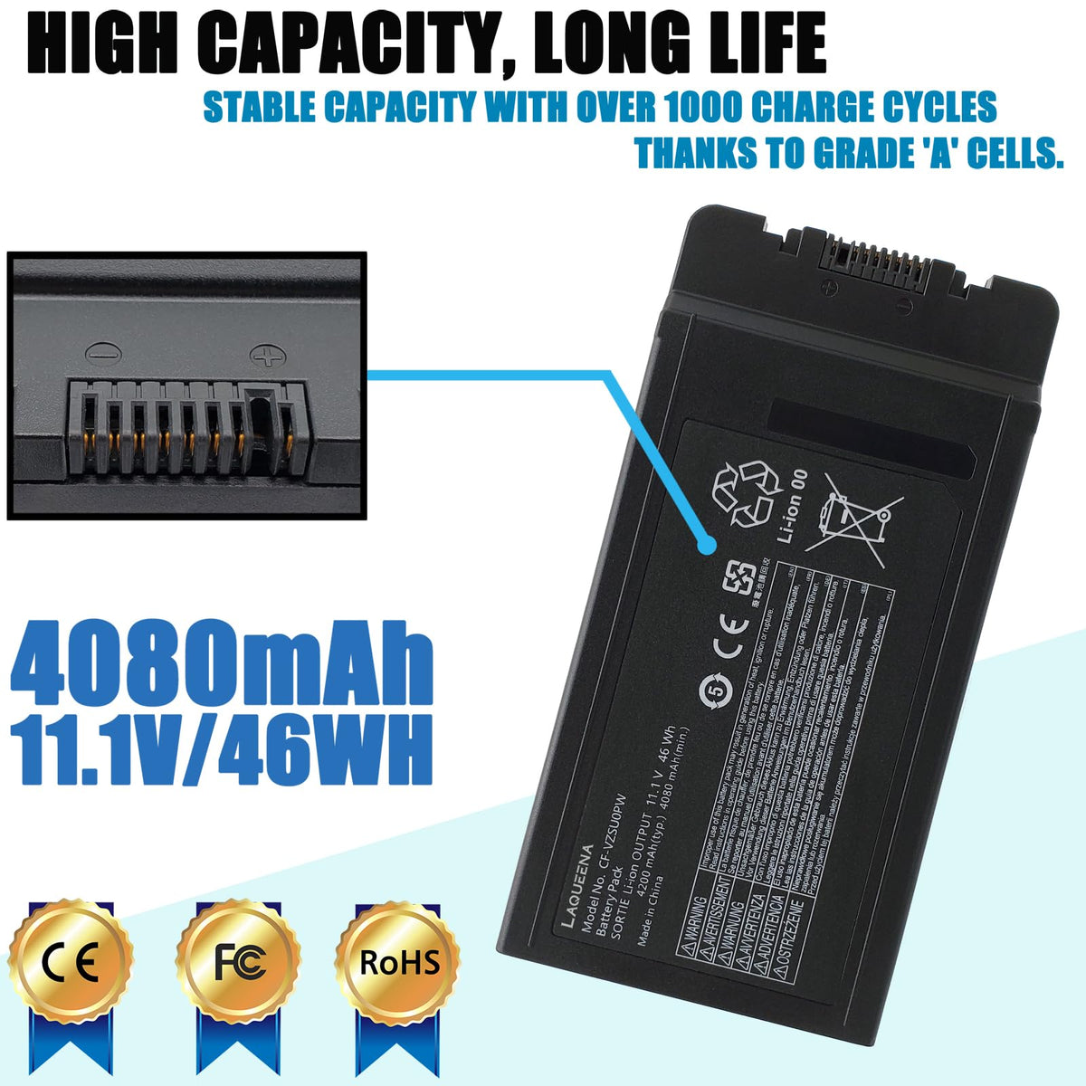 LAQUEENA CF-VZSU0PW top label highlights safety-tested Li-ion cells for long-lasting use.