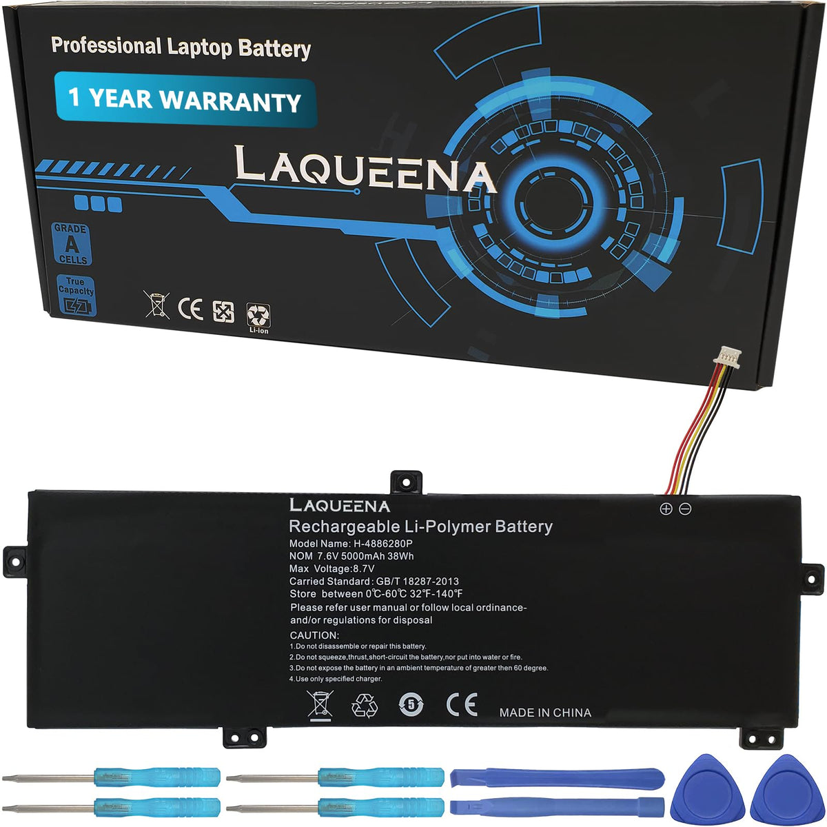 LAQUEENA front packaging showing replacement battery and model compatibility, assures fit