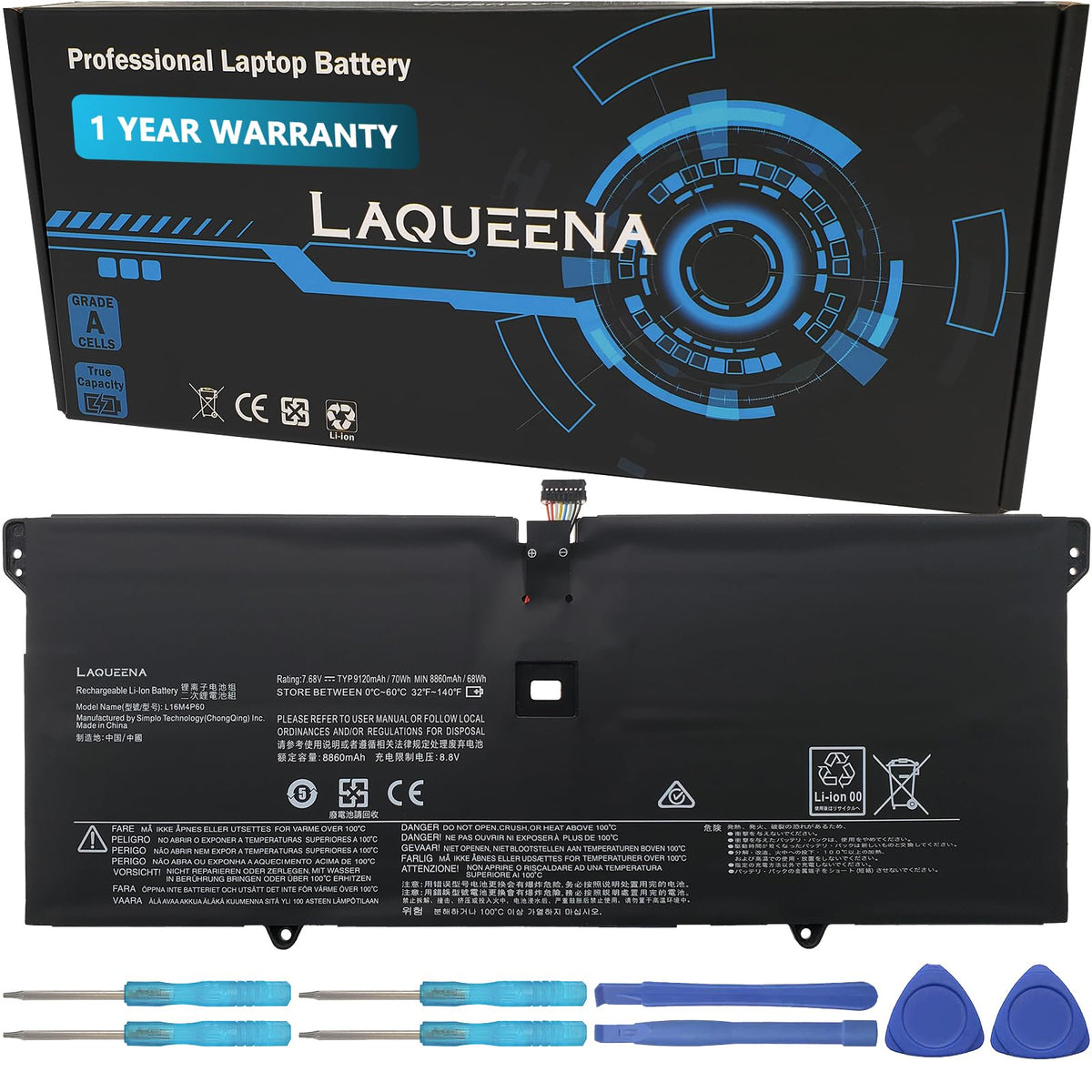 LAQUEENA front packaging showing battery model and fit benefits
