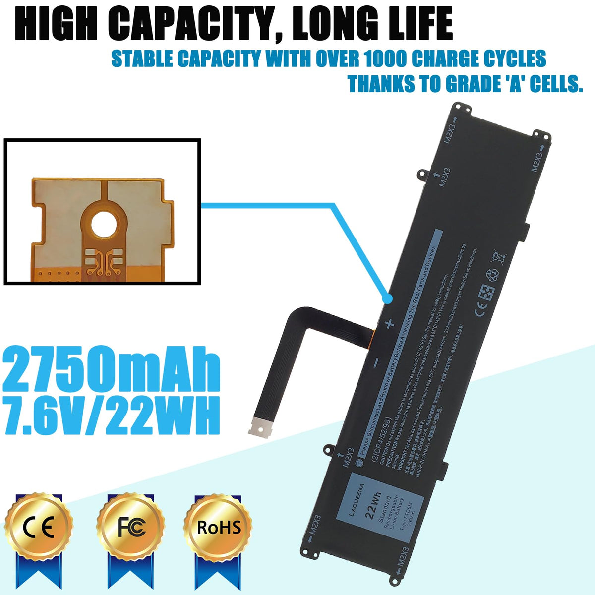 LAQUEENA FTD6M 2-in-1 replacement setup shows compact battery in keyboard