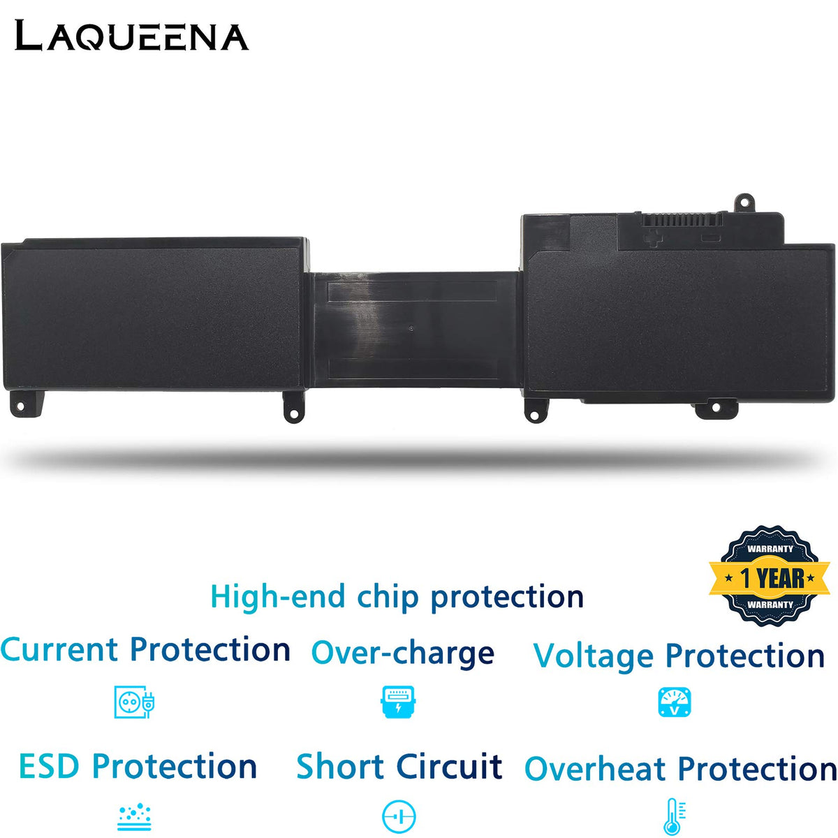 LAQUEENA battery on a desk with laptop and charger illustrating travel-ready convenience