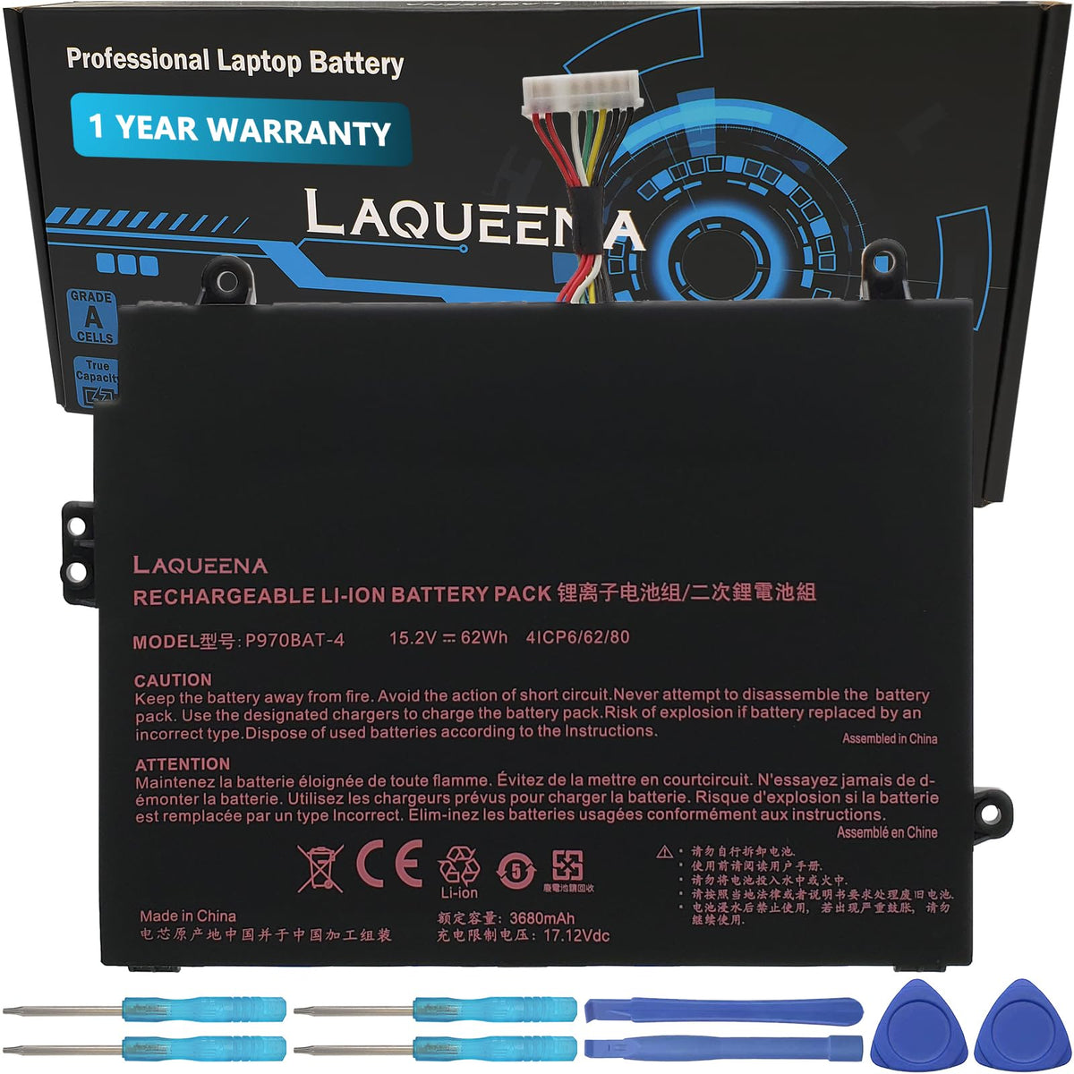 LAQUEENA front view of P970BAT-4 battery showing connectors and shape for easy fit