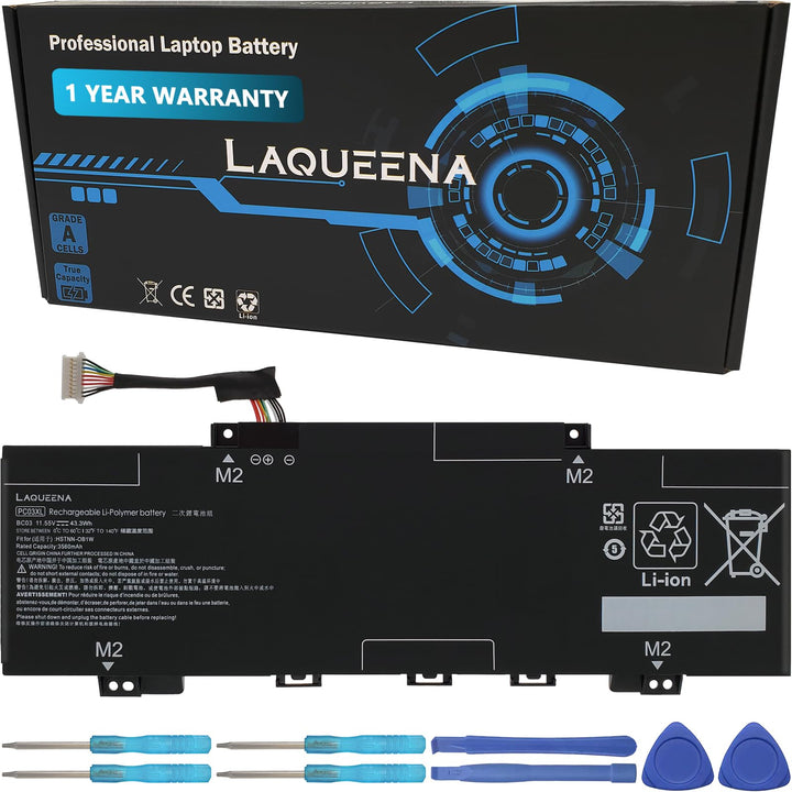 LAQUEENA front view of PC03XL battery showing label and capacity benefit