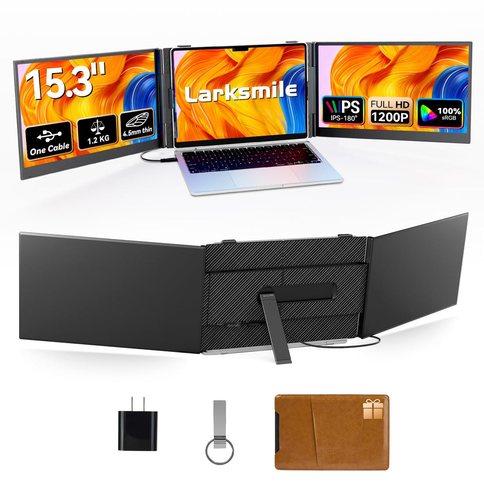 Larksmile triple-monitor setup showing three screens connected by one USB-C cable for productivity.