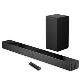 LARKSOUND 2.1 CH sound bar front view enhances TV dialogue and room-filling audio.