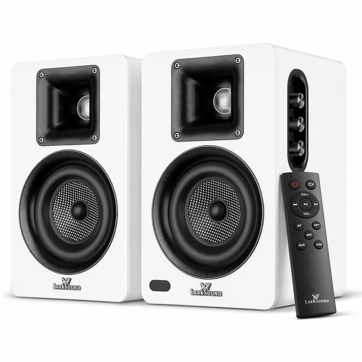 LARKSOUND active bookshelf speakers with built-in amp, ideal for clutter-free stereo upgrades.