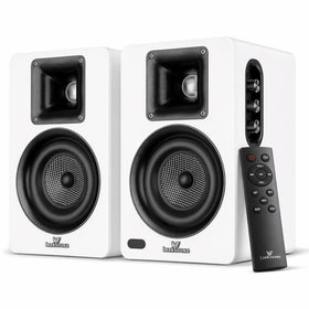 LARKSOUND active bookshelf speakers with built-in amp, ideal for clutter-free stereo upgrades.