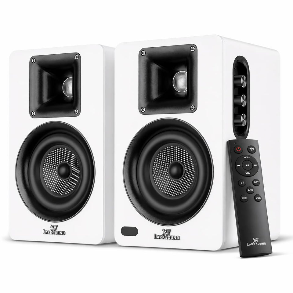 LARKSOUND active bookshelf speakers with built-in amp, ideal for clutter-free stereo upgrades.