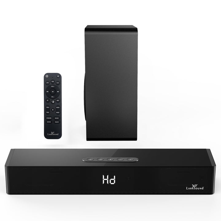 LARKSOUND front view showing soundbar and wired subwoofer for fuller TV sound