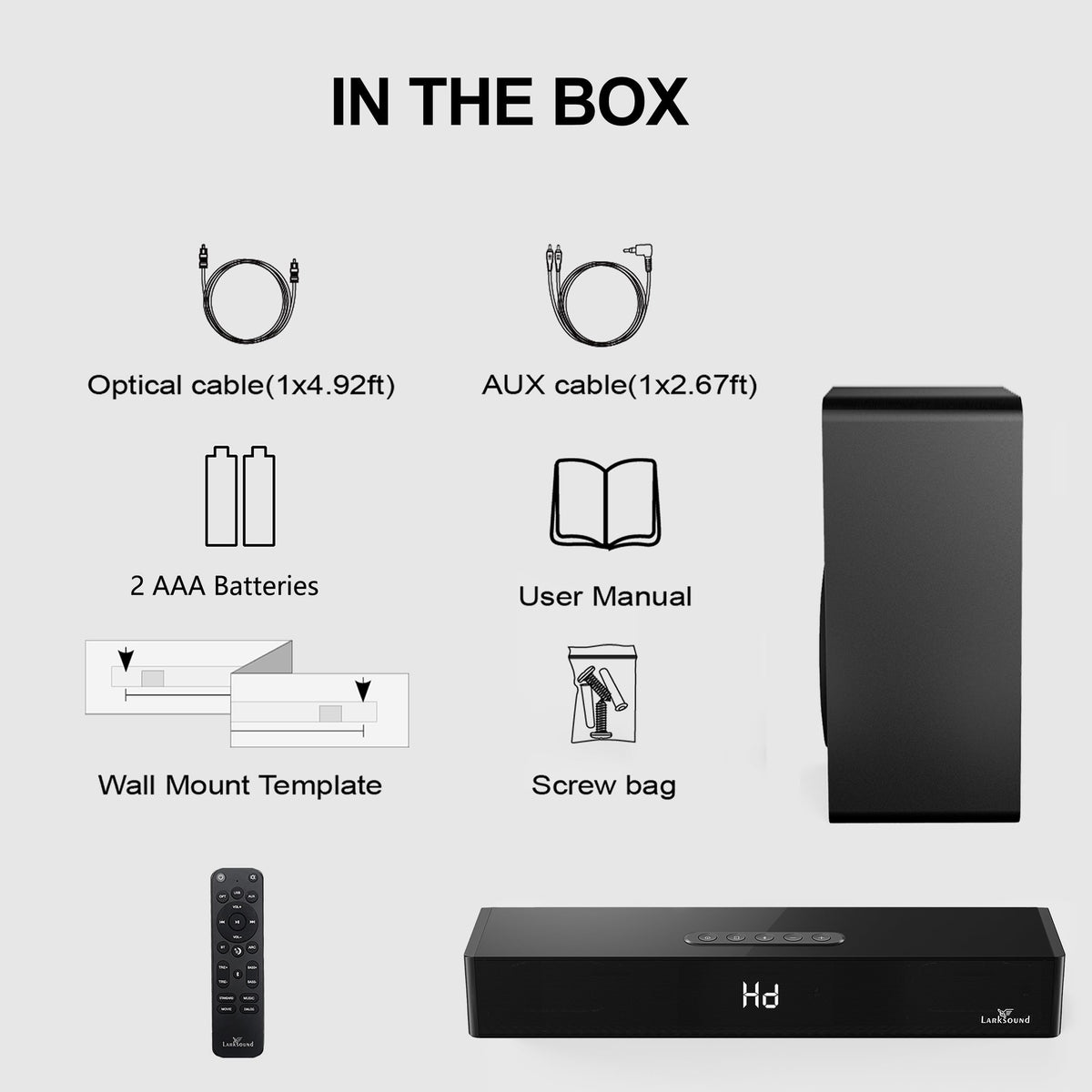 LARKSOUND soundbar playing with TV in living room for improved audio experience
