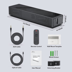 LARKSOUND accessories laid out including remote and cables for quick setup