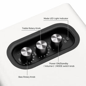 LARKSOUND white desktop system complements modern desks with a slim footprint.