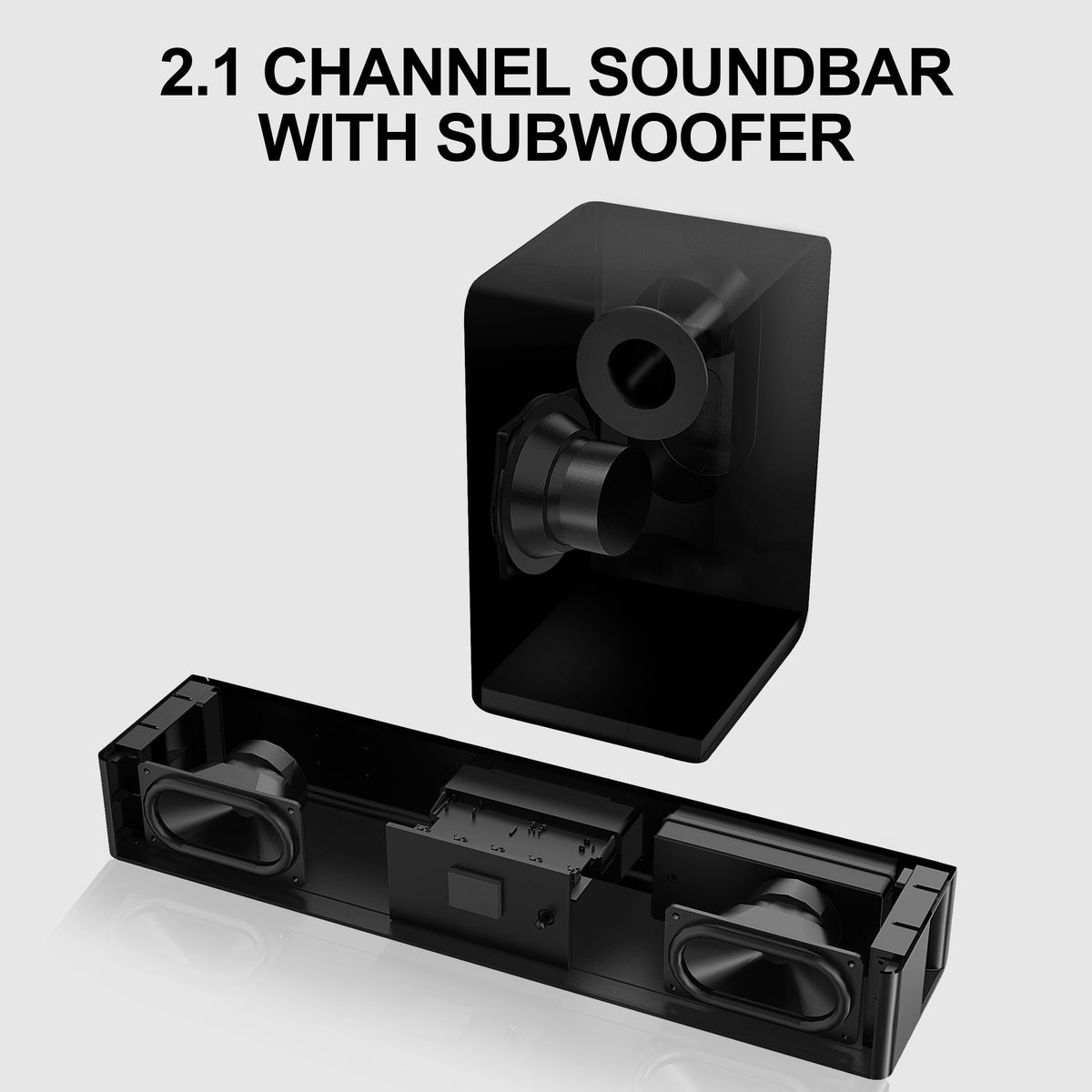 LARKSOUND soundbar next to remote for scale and space-efficient footprint