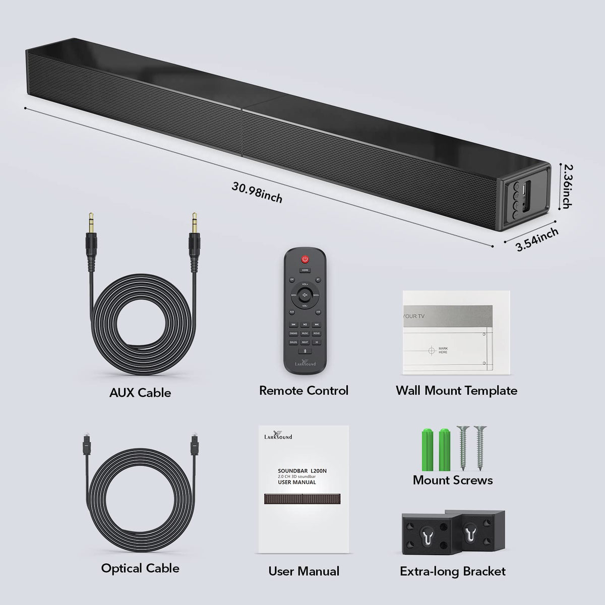 LARKSOUND next to 32-inch TV showing compact size and space-saving benefit