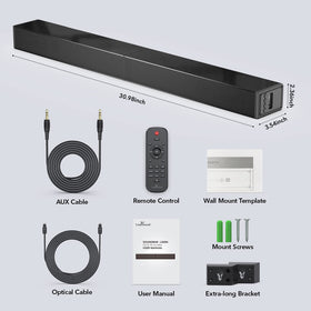 LARKSOUND next to 32-inch TV showing compact size and space-saving benefit