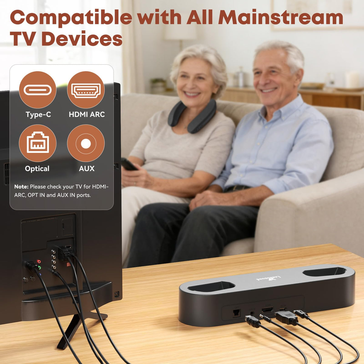 LARKSOUND HDMI ARC connection with base for universal compatibility.