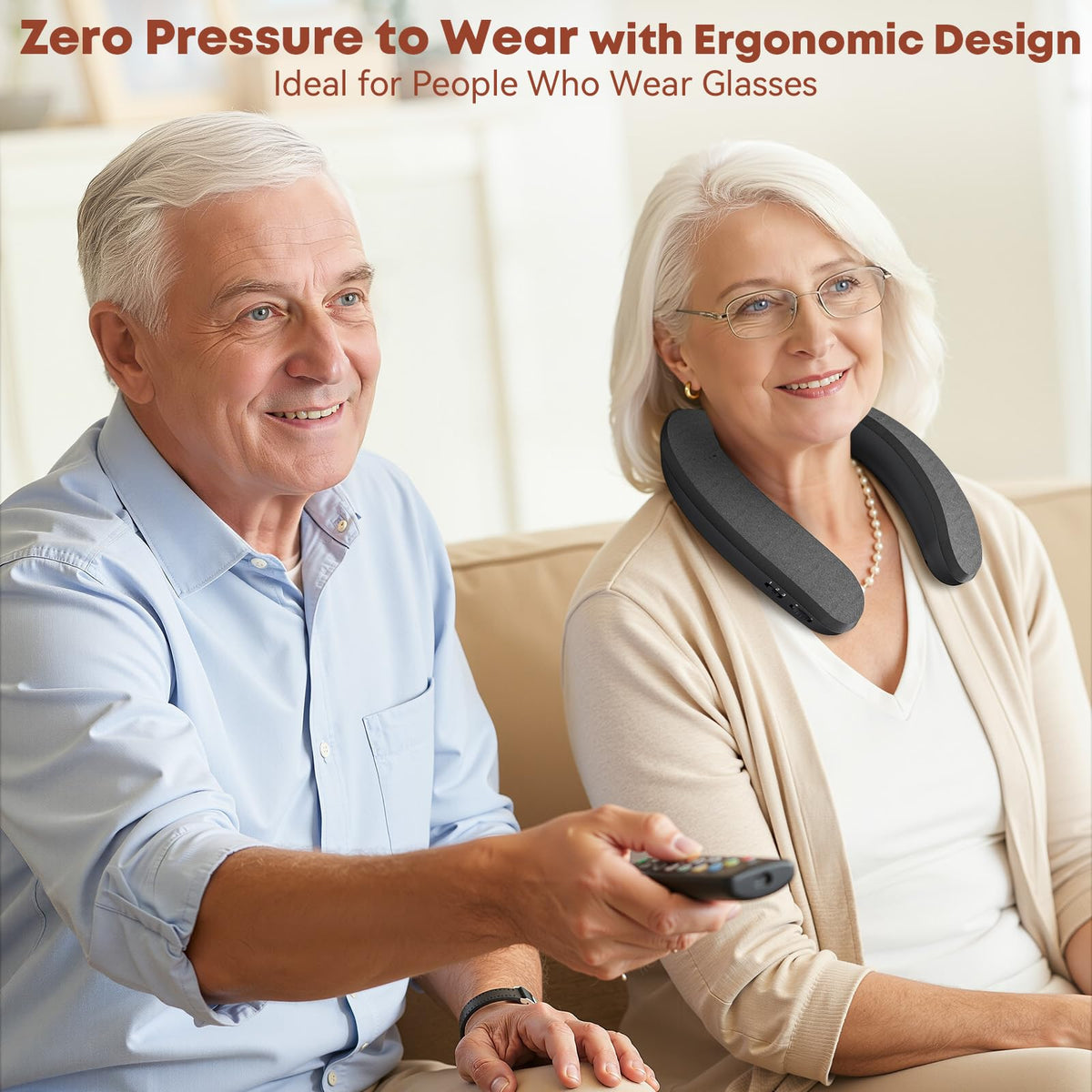 LARKSOUND user wearing neckband for private listening during TV time.