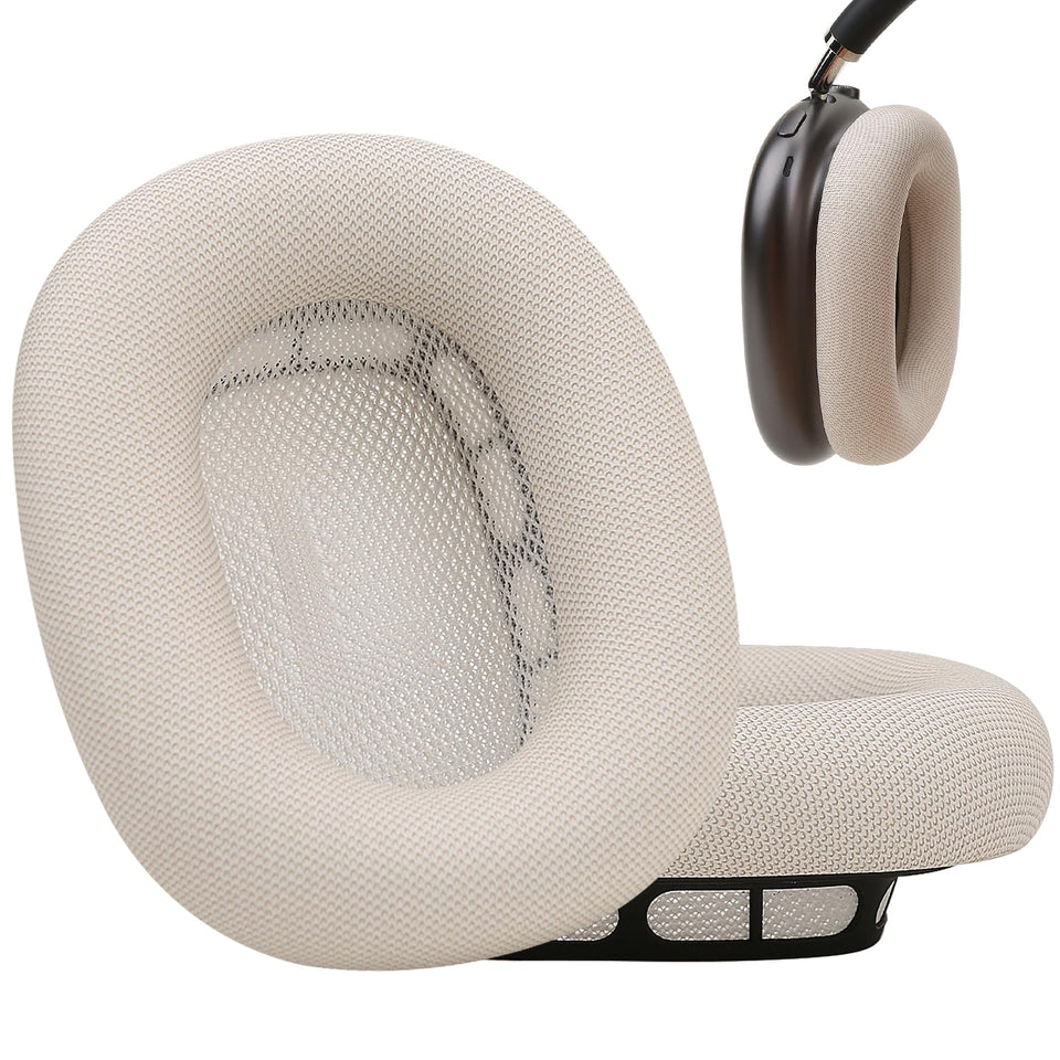 Laselan AirPods Max ear cushions in Starlight, close-up shows premium memory foam comfort.