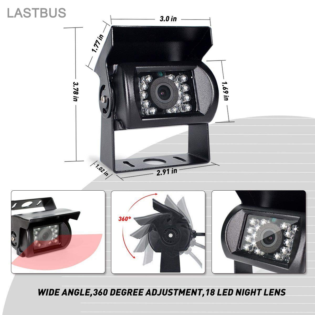 LASTBUS 12-24V wired camera for trucks and RVs with compatible monitors.