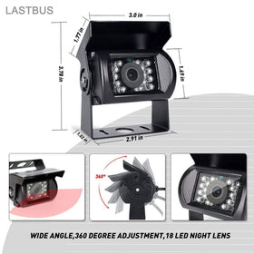 LASTBUS 12-24V wired camera for trucks and RVs with compatible monitors.