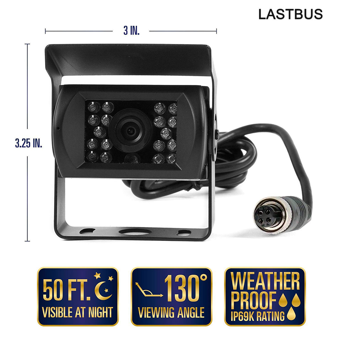 LASTBUS 360° adjustable camera adapts to bumper and hitch installations.