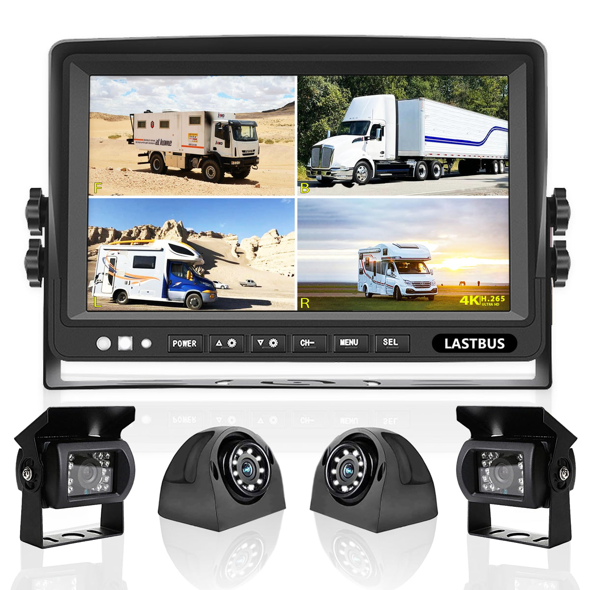 LASTBUS quad-view monitor displays four cameras for all-around awareness.