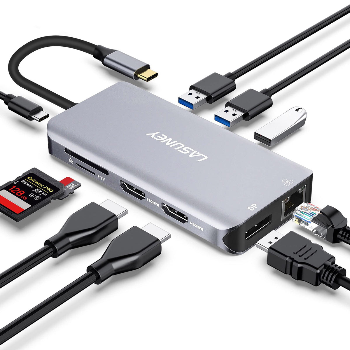 LASUNEY hub front view showing ports and compact aluminum housing, conveys professional compatibility