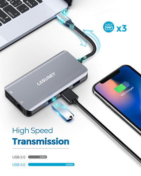 LASUNEY hub with USB-C PD cable plugged in showing charging while using peripherals
