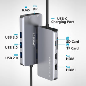 LASUNEY hub side ports closeup displaying HDMI, DP, USB and Ethernet for fast connections